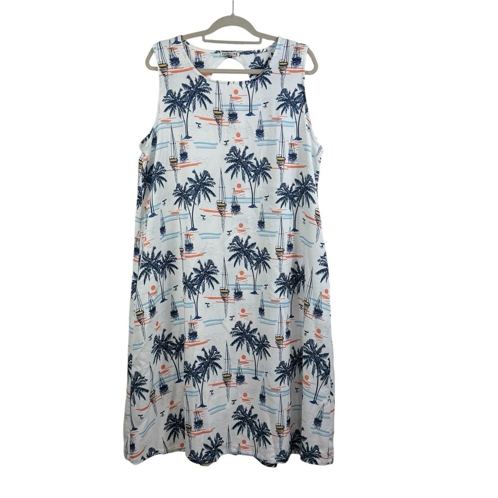 Coastal Beachy Fairhope Blue White Sunset Sail Shift Midi Dress XXL Pockets